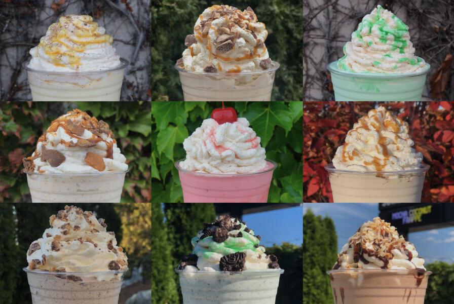 A compilation of colorful Kopp's shakes and sundaes.